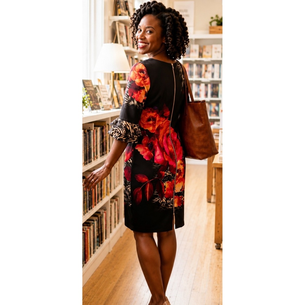 NWT Julian Taylor New York Black Floral Leopard Print Sheath Dress Versatile 14